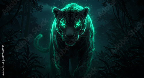 glowing panther with green eyes mystical jungle scene