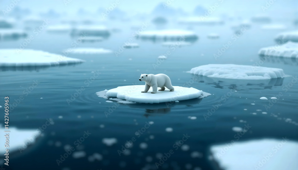 Naklejka premium A lone polar bear adrift on a small, melting ice floe in a vast, empty blue sea. Minimalist style, focus on isolation.
