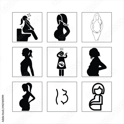 Pregnancy Symptoms And Stages Pregnant Lady Graphic Pictogram Illustration Set