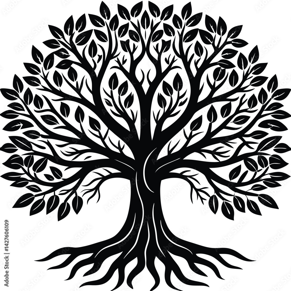 Obraz premium Black and White Stylized Tree with Deep Roots Illustration