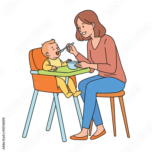 Colorful vector illustration of a young mother feeding her baby who is sitting in a high chair. Cute cartoon style artwork perfect for themes about parenting, baby food, childcare, family content.