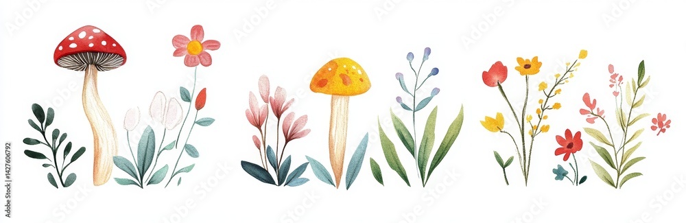 Naklejka premium Colorful Floral and Fungus Illustrations