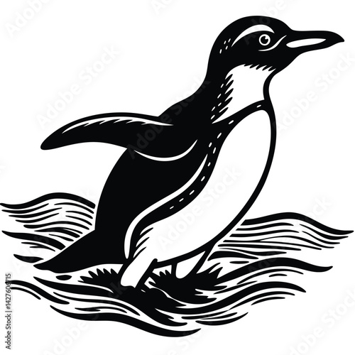 Black and White Illustration of a Penguin Swimming in the Ocean