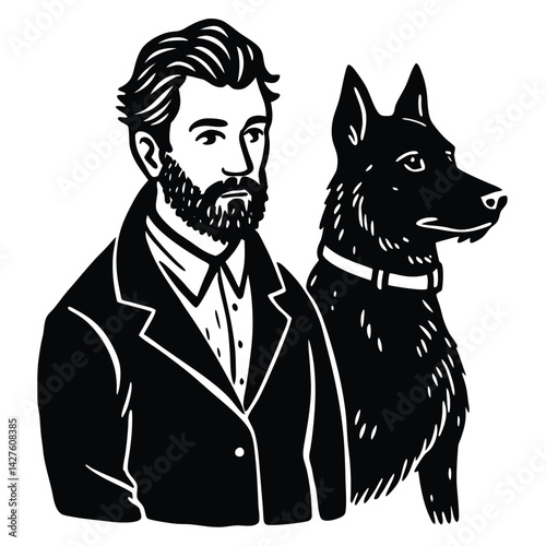 Stylish Man with Beard and Loyal German Shepherd Dog