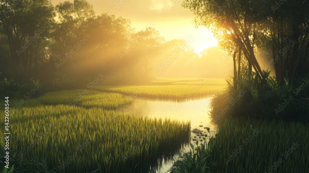 A serene sunrise over a rice field, with golden rays illuminating the dewy green stalks and creating a peaceful and picturesque morning scene.