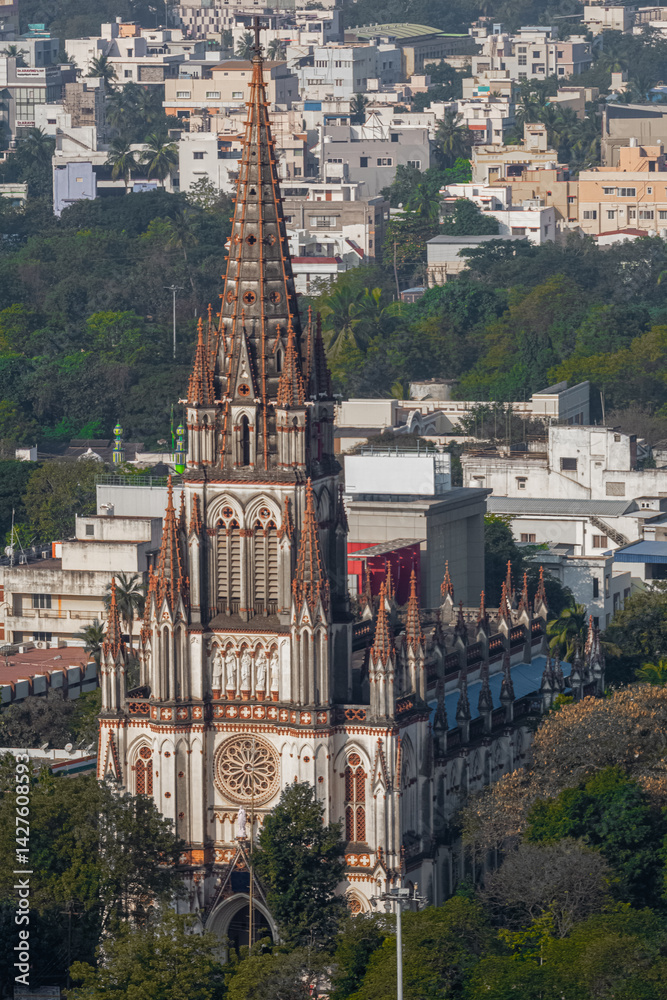 Fototapeta premium The Our Lady of Lourdes Church is located in Tiruchirapalli city, Tamil Nadu, India. Built in the Gallo-Catholic design, the Church is devoted to Our Lady of Lourdes. 100 years old church in World.