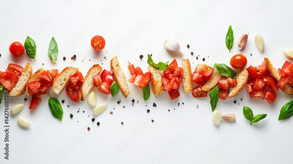 A serving of Italian bruschetta with toasted bread, diced tomatoes, garlic, and basil, arranged on a white surface for a fresh and appetizing presentation.