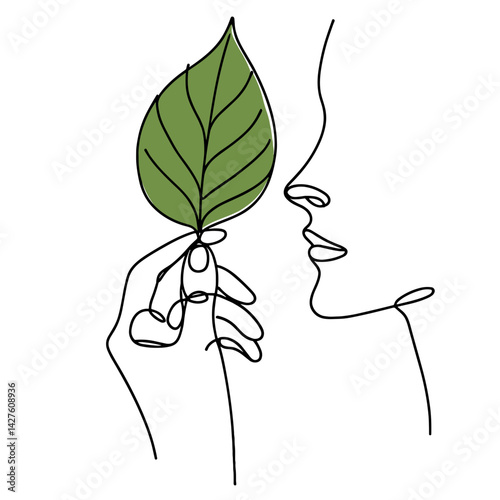 Woman smelling green leaf in line art style