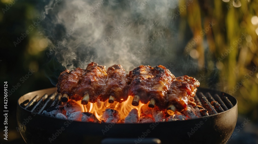 A smoky outdoor barbecue grill with pork ribs cooking slowly over low heat, surrounded by glowing coals, creating a rich, smoky aroma that fills the air.