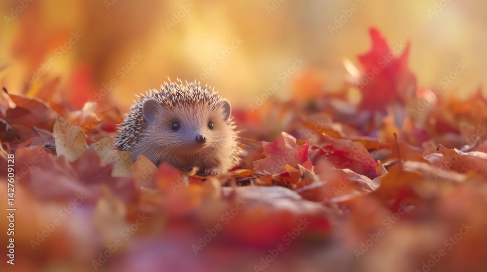 A small hedgehog nestled in a pile of colorful autumn leaves, with its quills slightly raised, creating a charming and cozy natural habitat scene.