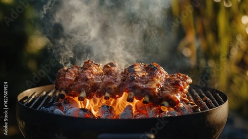 Obraz na płótnie A smoky outdoor barbecue grill with pork ribs cooking slowly over low heat, surrounded by glowing coals, creating a rich, smoky aroma that fills the air. w salonie