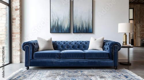 A spacious living area featuring a luxurious velvet sofa, with a chic rug and modern artwork on the walls, emphasizing sophistication and comfort.