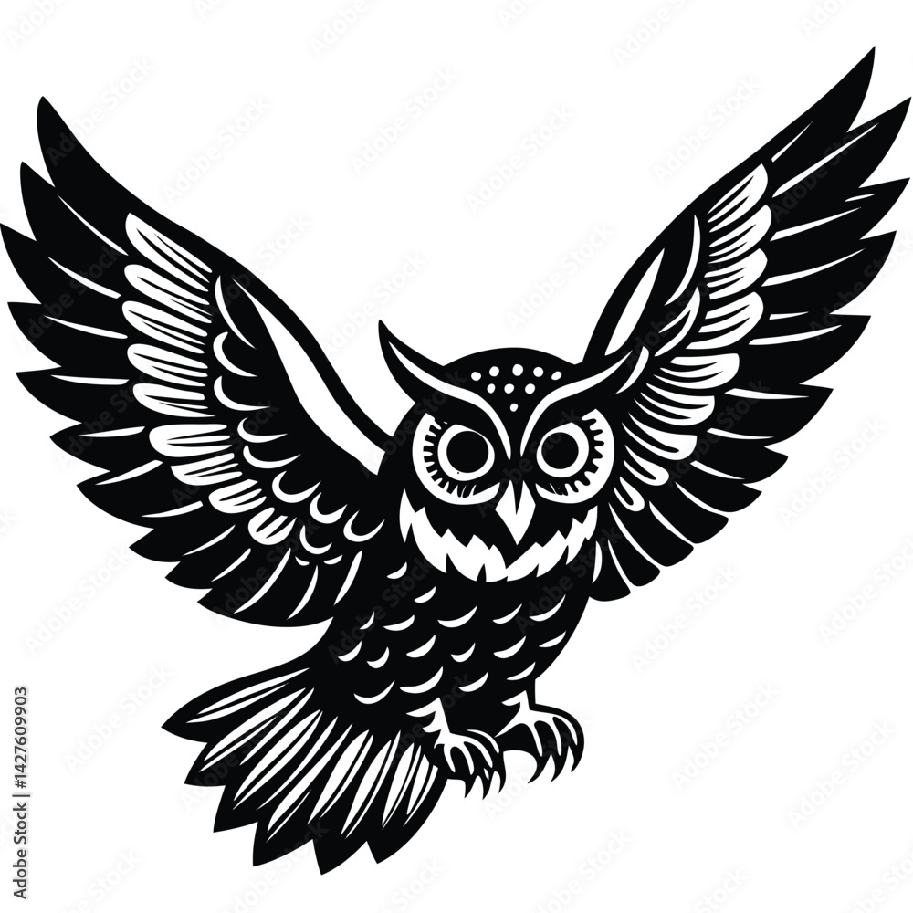 Fototapeta premium Stylized Black and White Owl in Flight Illustration