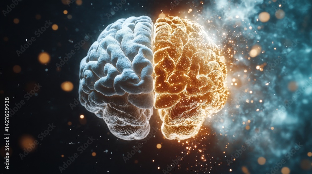 A split image showing a healthy brain on one side and a brain affected by a condition like Alzheimer's on the other, highlighting the contrast and impact on cognition.