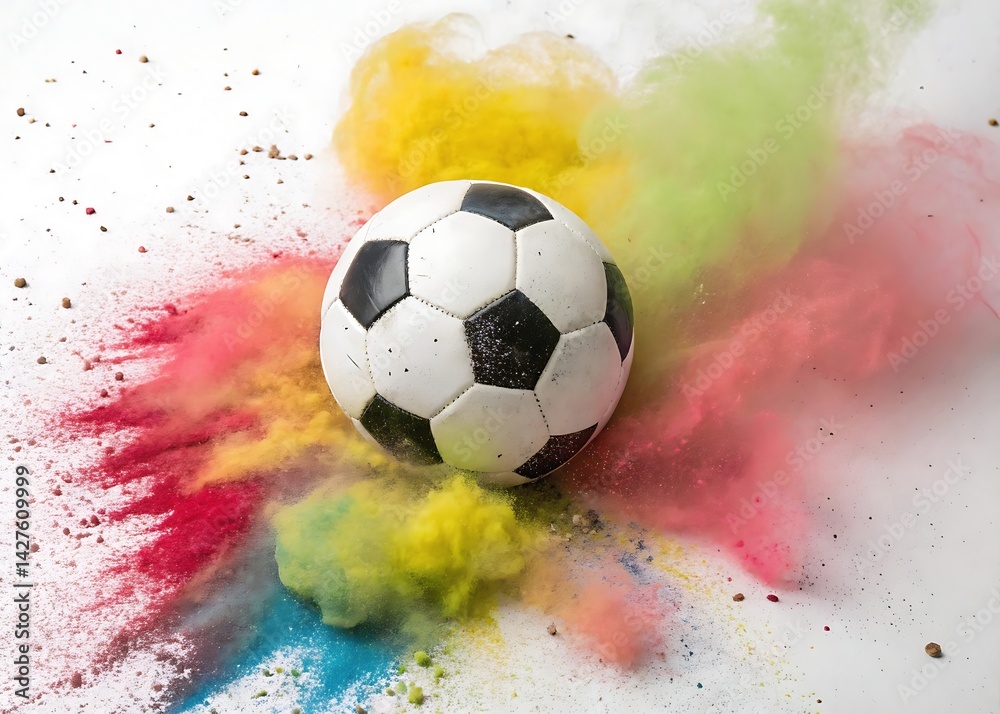 Naklejka premium Soccer Ball Exploding in White Chalk Dust Against Black Background