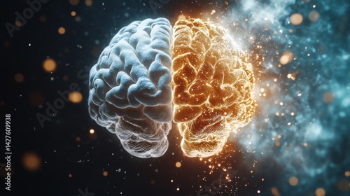 A split image showing a healthy brain on one side and a brain affected by a condition like Alzheimer's on the other, highlighting the contrast and impact on cognition.