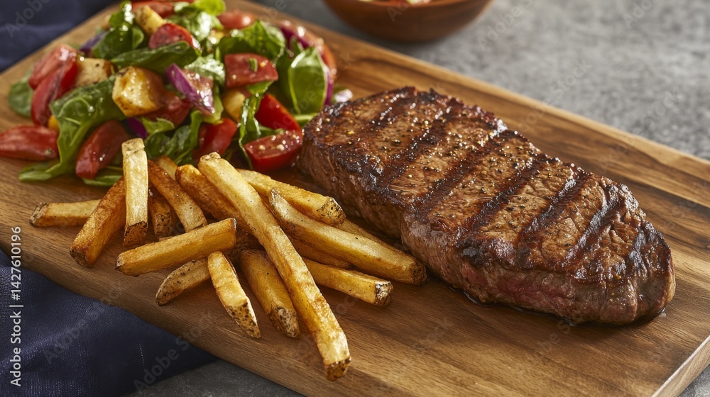 A steak served with a side of crispy fries and a fresh vegetable salad, arranged on a wooden board for a casual and appetizing presentation.