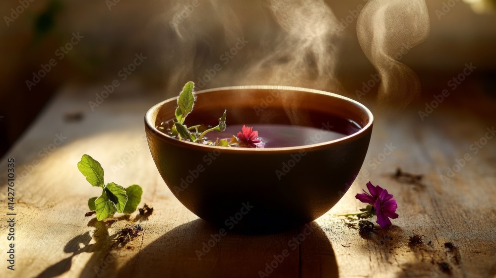 A steaming bowl of soup garnished with herbs and spices, placed on a wooden table, evoking a sense of warmth and comfort associated with home cooking.