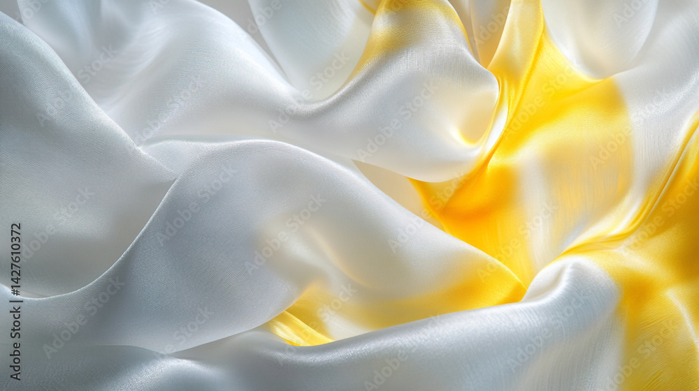 Obraz premium A close-up view of flowing fabric featuring elegant white and gold satin textures, Abstract swirling silk A symphony of gold, white design, Luxurious metallic fabric with dynamic flow.