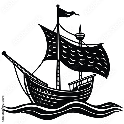 Black and White Illustration of a Medieval Sailing Ship