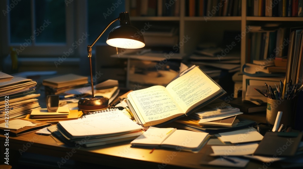 A students desk cluttered with textbooks, notebooks, and stationery, with a desk lamp casting a warm light, illustrating a focused study environment.