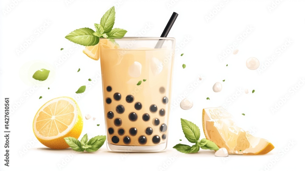 A stylishly presented bubble tea with a slice of lemon and mint leaves, showcasing its refreshing nature and elegant presentation on a pristine white background.