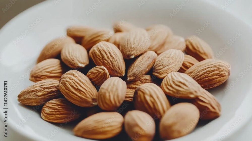A stylish arrangement of roasted almonds on a white plate, with a white background emphasizing their golden-brown color and crisp texture.