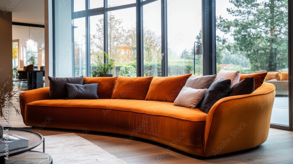 A stylish sofa in a contemporary apartment with large windows, showcasing a blend of comfort and modern design, with natural light streaming in.