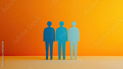 Teamwork Three Blue Figures on Orange Background.