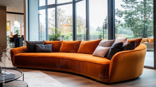 A stylish sofa in a contemporary apartment with large windows, showcasing a blend of comfort and modern design, with natural light streaming in.
