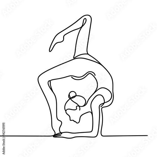 Acrobat in headstand split pose line drawing