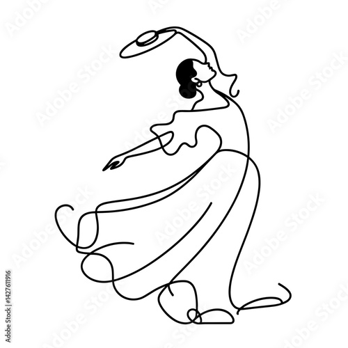 Flamenco dancer twirling with fan in line art