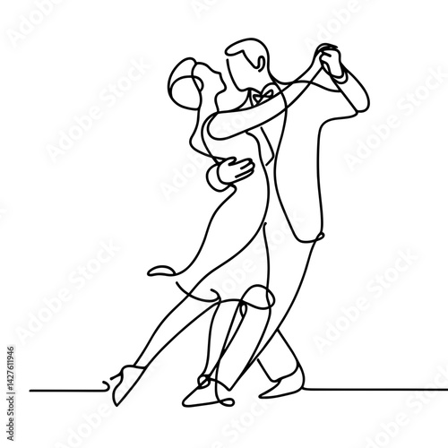 Tango dancing couple in passionate embrace line art