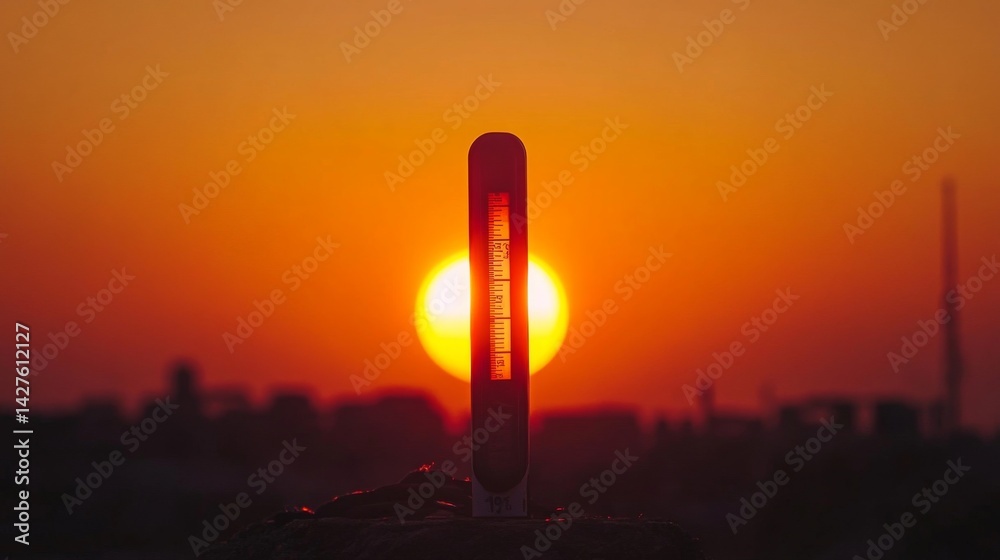 A thermometer showing extreme heat levels with a blazing sun in the background, representing the increasing global temperatures and the urgent need for action.