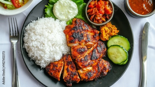 Obraz na płótnie A top-down view of a plate with succulent grilled chicken pieces, accompanied by side dishes like rice and vegetables, set on a clean, white tablecloth. w salonie