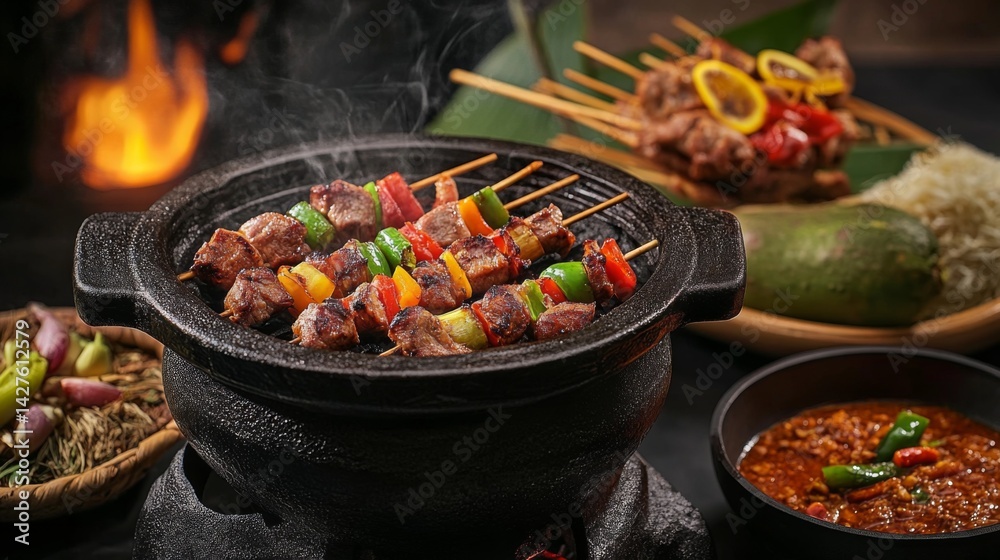 A traditional Thai grill with skewered meats and vegetables, sizzling over charcoal, showcasing the vibrant street food culture of Thailand.