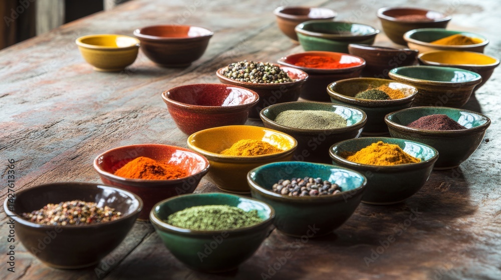 A vibrant assortment of spices in small bowls on a wooden table, with colorful labels and textures, capturing the diversity and richness of flavors in cooking.