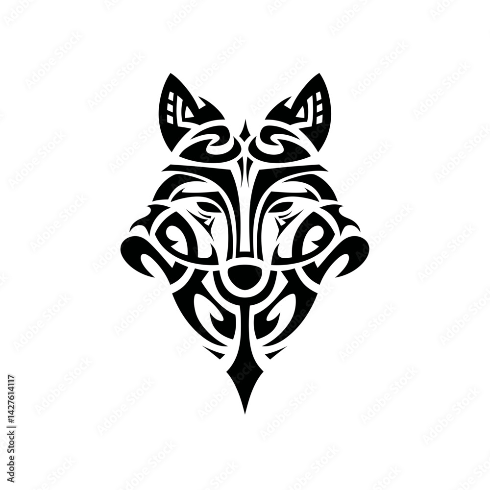 Fototapeta premium Stylized tribal wolf head design in black ink, concept for tattoo art, logo, or branding