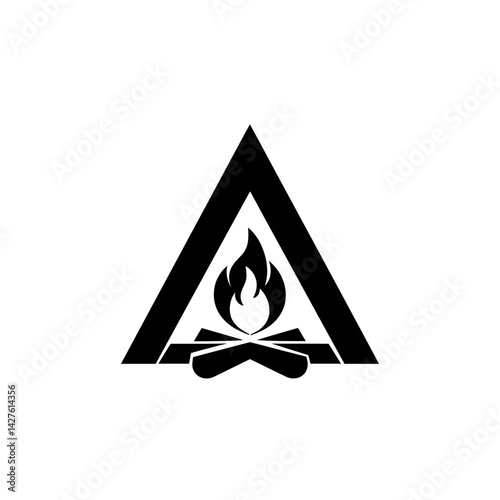 Abstract minimalist black triangle campfire icon, concept for camping logo design, adventure, travel, and outdoor activity