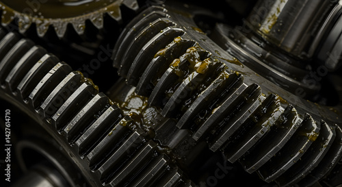 Close Up Of Interlocking Gears With Lubricant In Dark Background