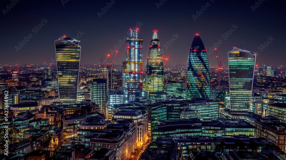 Obraz premium Stunning Night View of Modern City Skyline with Bright Lights and Unique Architecture