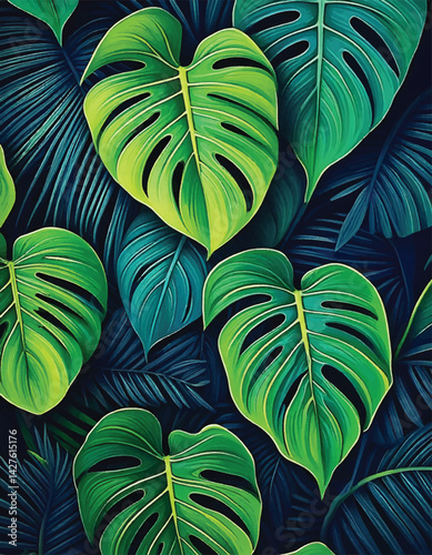 Tropical monstera leaves with vibrant green tones, creating a lush nature background. Close-up of heart-shaped monstera leaves. Exotic monstera and tropical foliage arranged in a vibrant green pattern