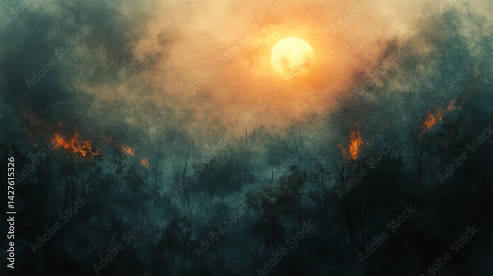 Smoky haze covering a forested landscape after a wildfire, with the sun struggling to break through, symbolizing environmental damage and natural disaster recovery.