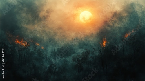 Obraz na płótnie Smoky haze covering a forested landscape after a wildfire, with the sun struggling to break through, symbolizing environmental damage and natural disaster recovery. w salonie