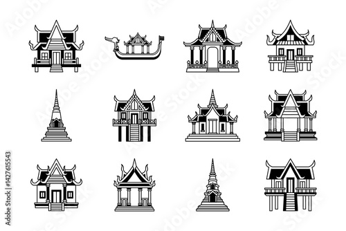 black and white icons of thai temple and traditional house collection