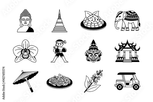 black and white icon of thailand culture food and thai boxing collection