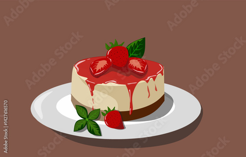 Tasty vector of strawberry cheesecake with syrup and fresh berries on a white plate. Ideal for menus, food blogs, and bakery promos.