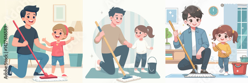 Happy father and daughter mopping the floor vector collection