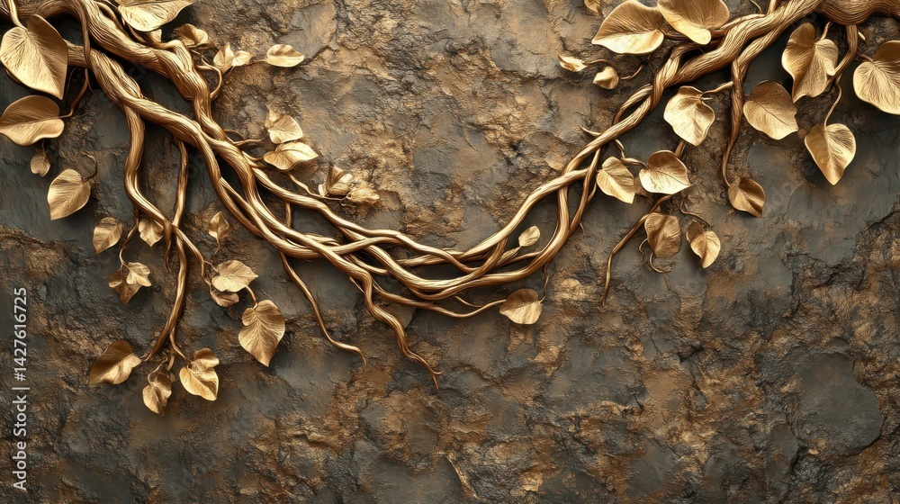 Golden Tree roots with Stucco Stems and Leaves An elegant 3D floral background. Elegant 3D Floral Background Featuring Golden Tree roots with Stucco Stems and Leaves.