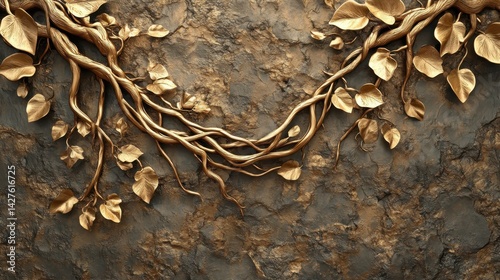 Obraz na płótnie Golden Tree roots with Stucco Stems and Leaves An elegant 3D floral background. Elegant 3D Floral Background Featuring Golden Tree roots with Stucco Stems and Leaves. w salonie